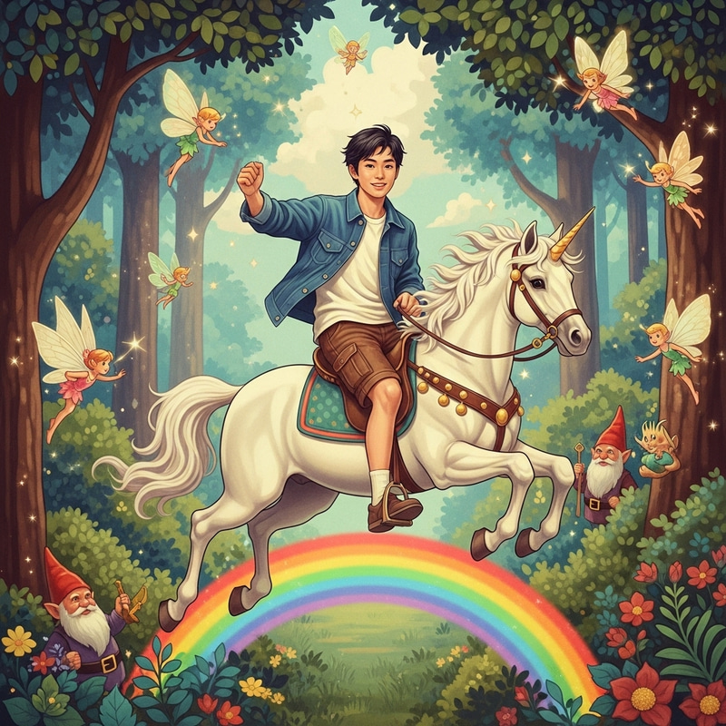 East Asian Man Riding Unicorn East Asian Man Riding Unicorn