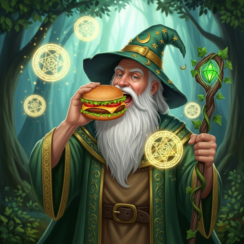 Green Wizard Enjoying a Delicious Hamburger Green Wizard Enjoying a Delicious Hamburger
