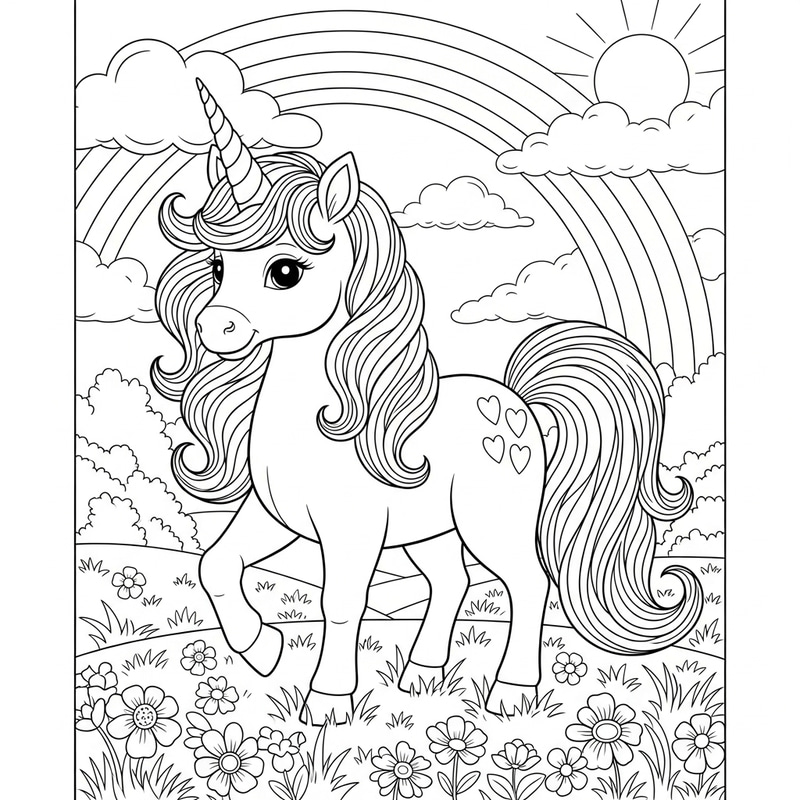 Detailed Coloring Page: Cute Unicorn in Scenic Meadow Detailed Coloring Page: Cute Unicorn in Scenic Meadow