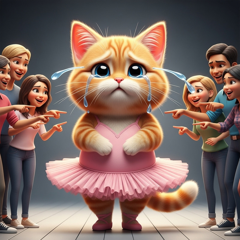Adorable Cartoon Style Ginger Cat in Pink Tutu Crying Adorable Cartoon Style Ginger Cat in Pink Tutu Crying