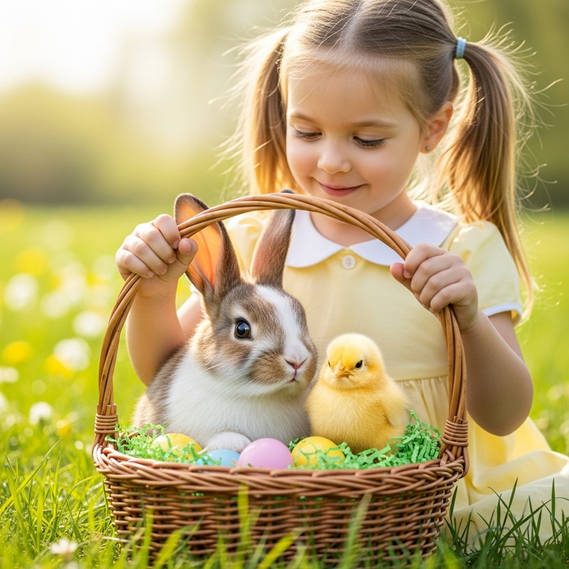Easter Bunny and Chick Cuddling in Basket with Young Girl Easter Bunny and Chick Cuddling in Basket with Young Girl