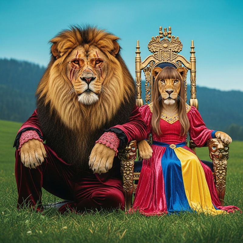 Majestic Alpha Lioness & Lion in Velvet Attire | Enchanted Fantasy Scene Majestic Alpha Lioness & Lion in Velvet Attire | Enchanted Fantasy Scene