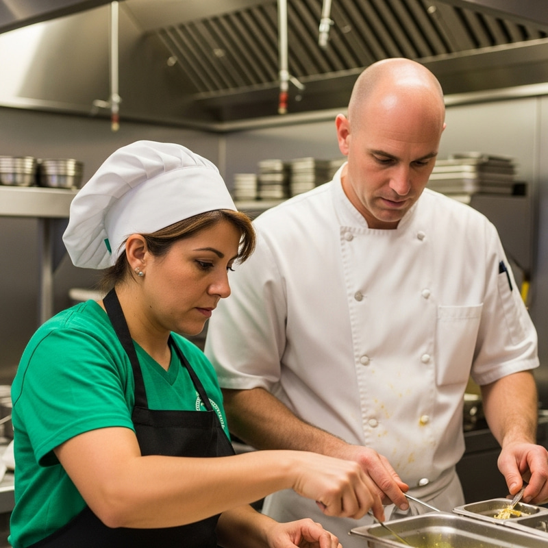Short Woman in Green Shirt with Brown Hair Cooking with Bald Man in Chef Outfit