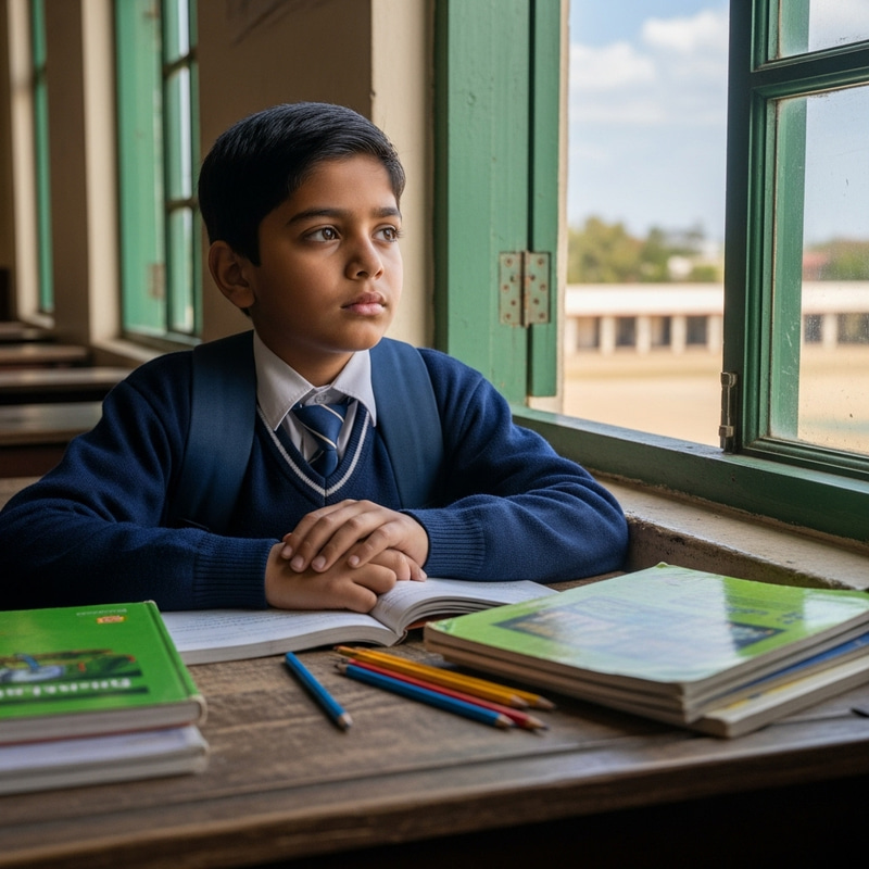Pensive South Asian Boy in School Window Daydreaming
