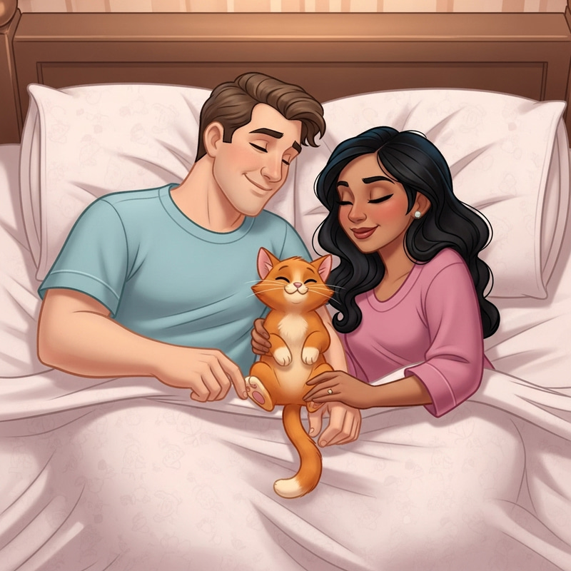 Disney-Style Couple Resting in Bed with Playful Orange Cat Disney-Style Couple Resting in Bed with Playful Orange Cat