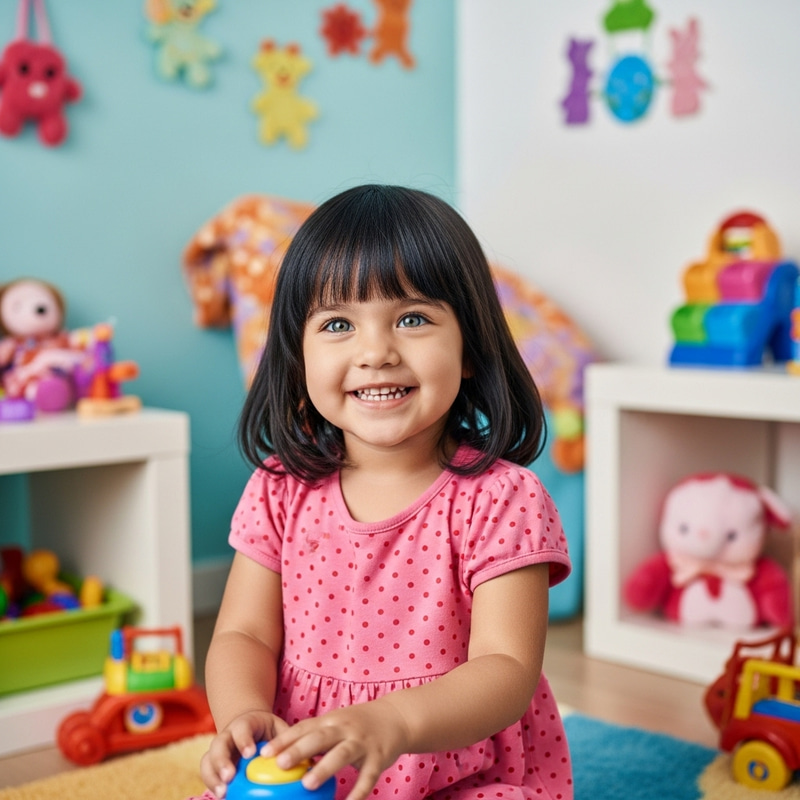 Adorable 3-Year-Old Girl with Black Hair & Blue-Green Eyes
