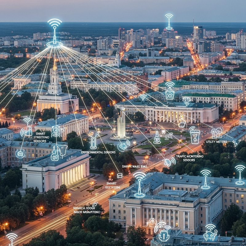 Minsk City Panorama Featuring NB-IoT Devices and Communication Lines