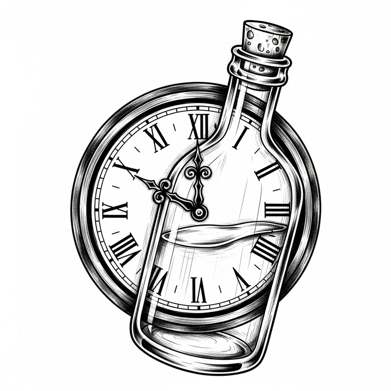 Vintage Clock and Bottle Tattoo Design | Timepiece & Glass Art