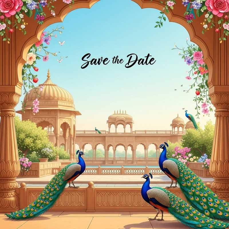 Royal Indian Theme 'Save the Date' Wedding Page with Rajasthani Garden & Peacocks