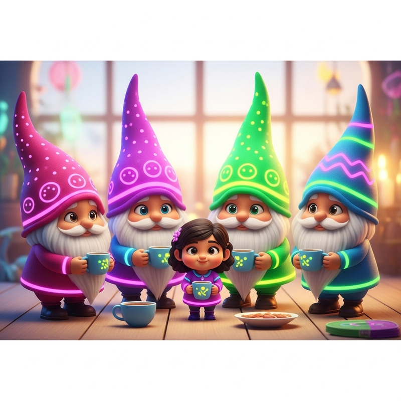 Charming Neon Gnomes and a Plump Girl Drinking Tea Charming Neon Gnomes and a Plump Girl Drinking Tea