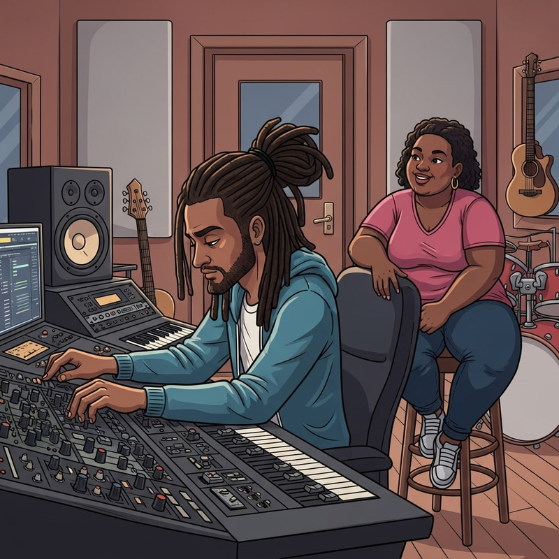 Cartoon Man in Recording Studio with Girlfriend and Musical Passion