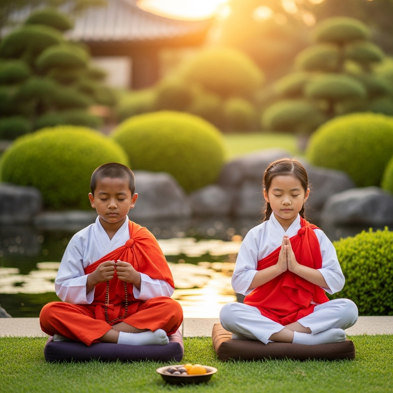 Serene Buddhist Children Meditating in Temple Garden Serene Buddhist Children Meditating in Temple Garden