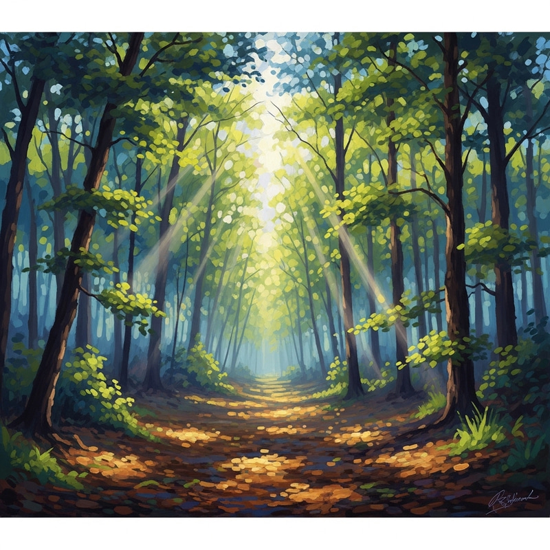 Mystical Forest Sunlight Scene Painting | Tranquil Nature View