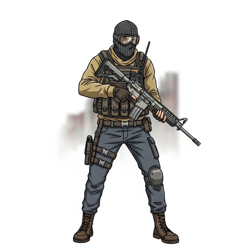 Adventure Cartoon Character in Ski Mask with Rifle - Tactical Vest Adventure Cartoon Character in Ski Mask with Rifle - Tactical Vest