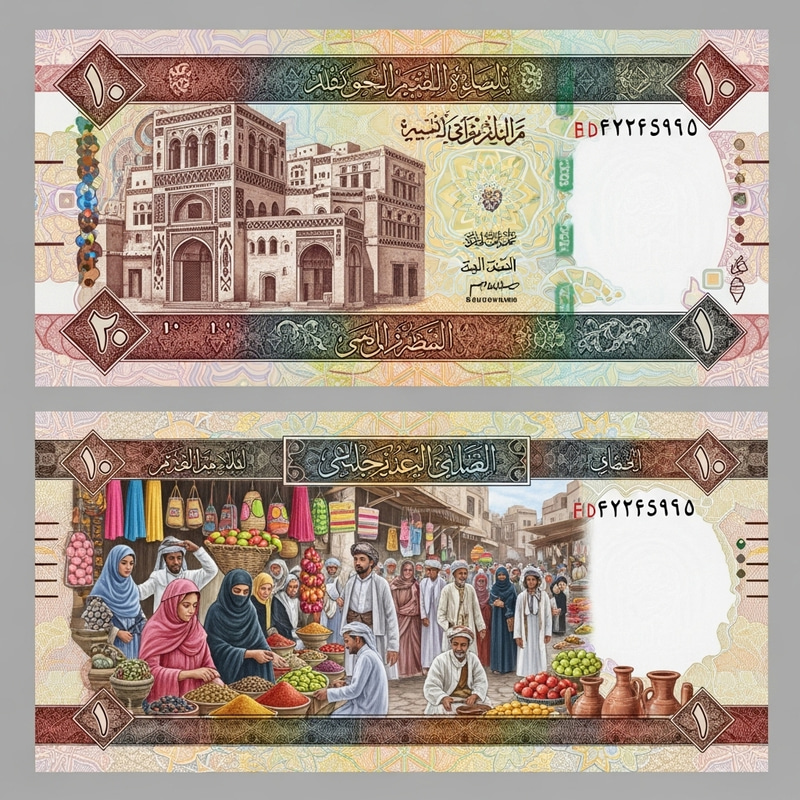 Yemen Paper Currency: Front Architectural Design, Back Market Scene
