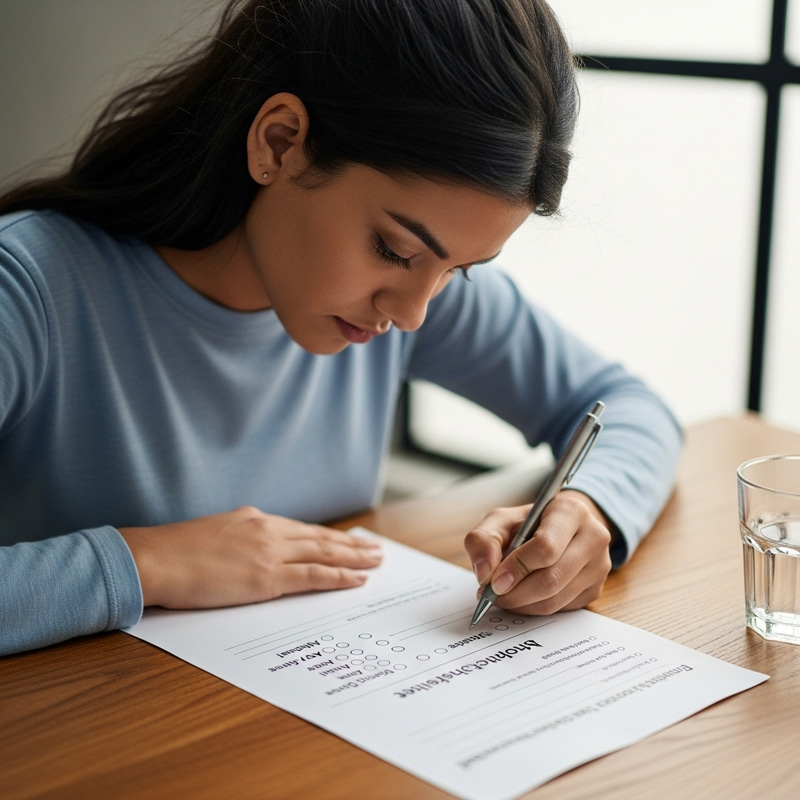 Young Hispanic Woman Filling Out Workplace Questionnaire Young Hispanic Woman Filling Out Workplace Questionnaire