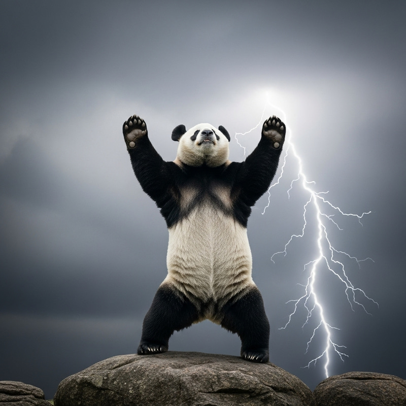 Rock and Roll Panda on Rugged Stone in Stormy Sky with Lightning