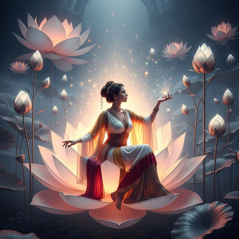 Ethereal Woman in Oversized Glowing Lotus Garden Ethereal Woman in Oversized Glowing Lotus Garden