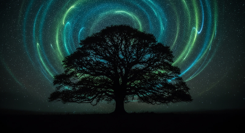 Dark Whimsical Tree in Vivid Mist with Bioluminescent Colors