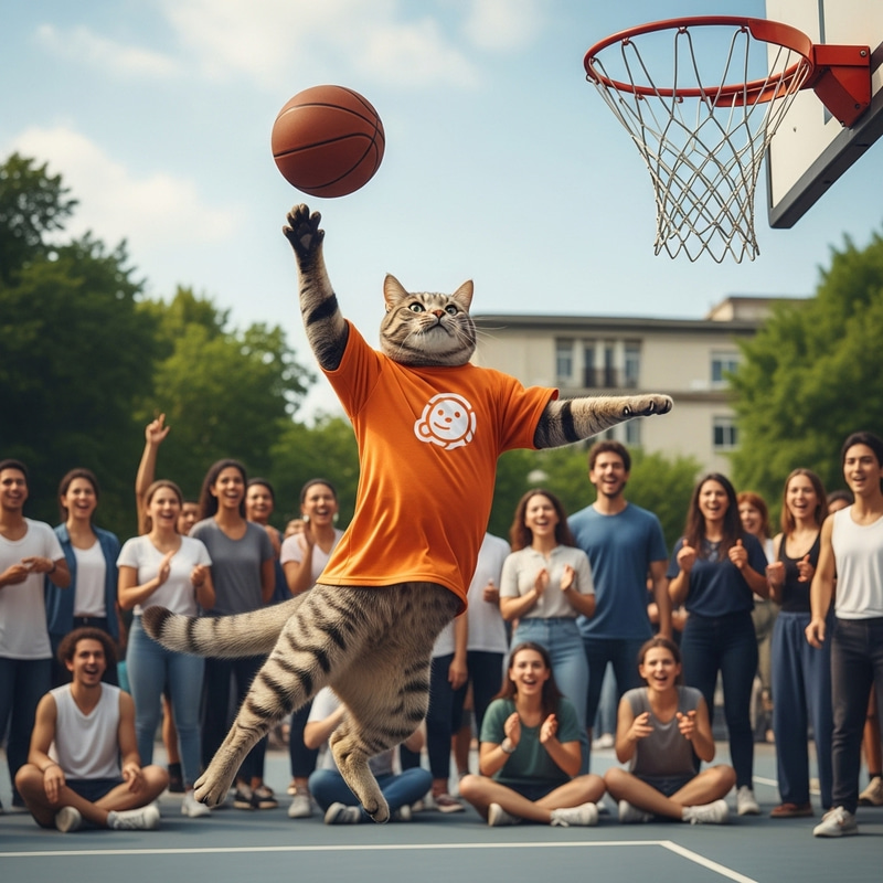Cat Dunking Basketball - Sporting Whiskered Athlete!