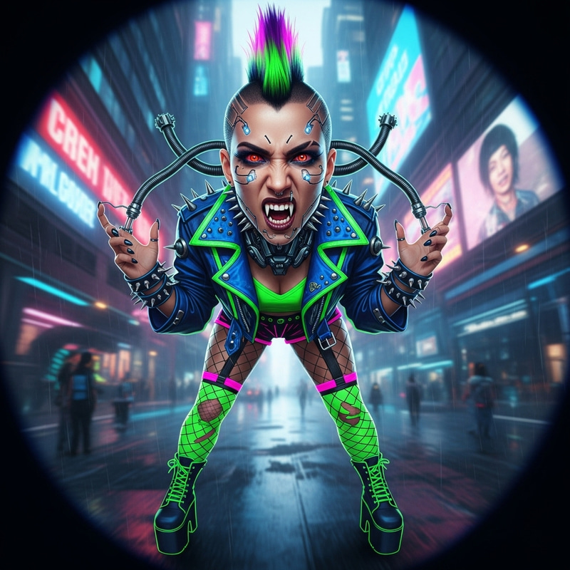 Hispanic Punk Rock Vampire Cyborg Woman | Vibrant Neon Colors Hispanic Punk Rock Vampire Cyborg Woman | Vibrant Neon Colors