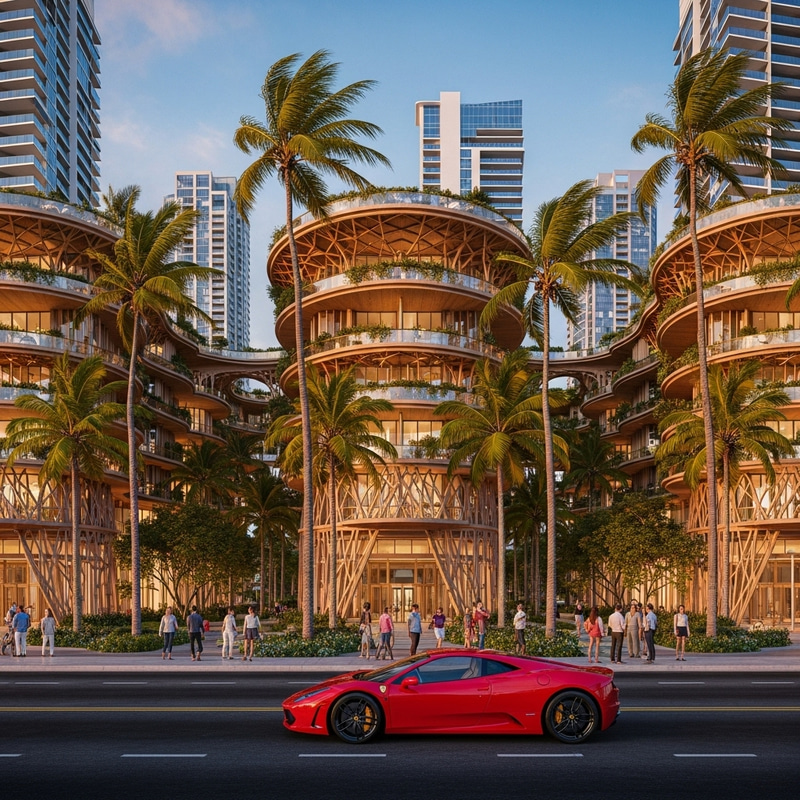 Vibrant Urban Landscape with Tropical Architecture