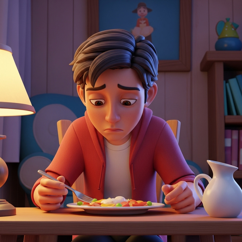 Sad 15-Year-Old Boy Eating Alone - Disney Pixar Style Sad 15-Year-Old Boy Eating Alone - Disney Pixar Style