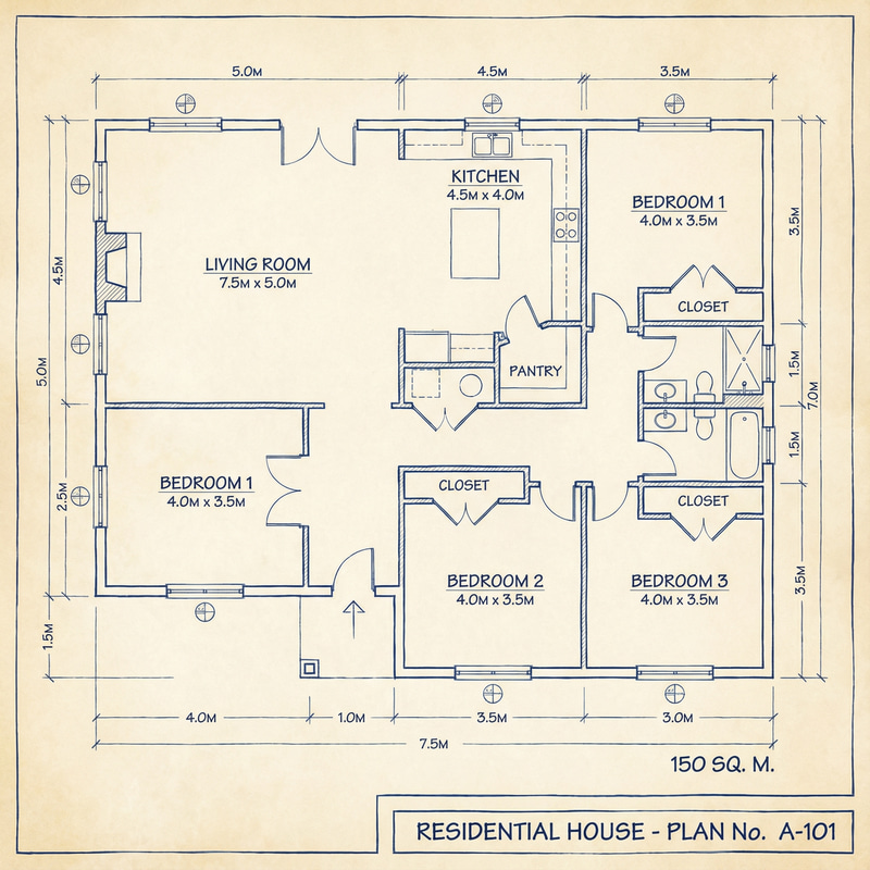 Detailed Blueprint of 150 Sqm Residential House | Room Divisions & Measurements Detailed Blueprint of 150 Sqm Residential House | Room Divisions & Measurements