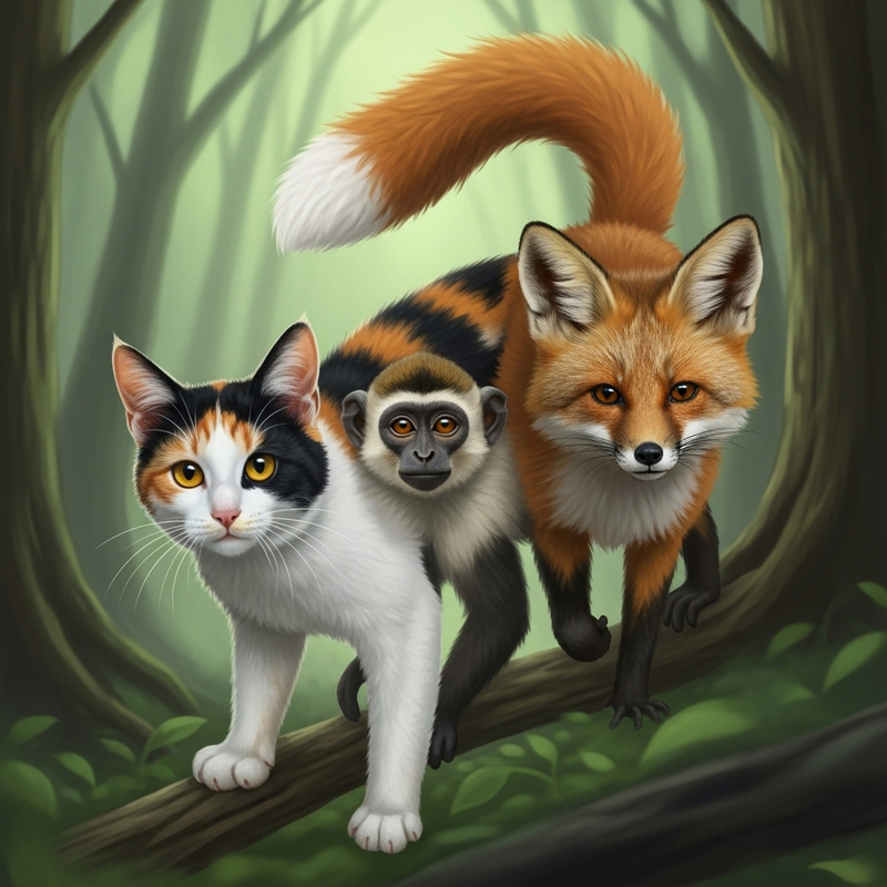 Enchanting Tricolor Cat-Monkey-Fox Creature in Lush Habitat