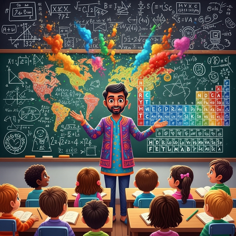 Whimsical Teacher Illustration - Colorful and Vibrant Setting with Diverse Students Whimsical Teacher Illustration - Colorful and Vibrant Setting with Diverse Students