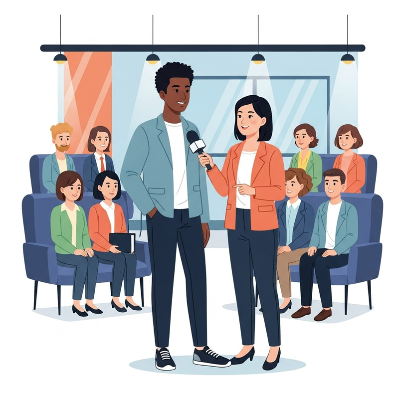 Television Studio Interview with Journalist and Young Man