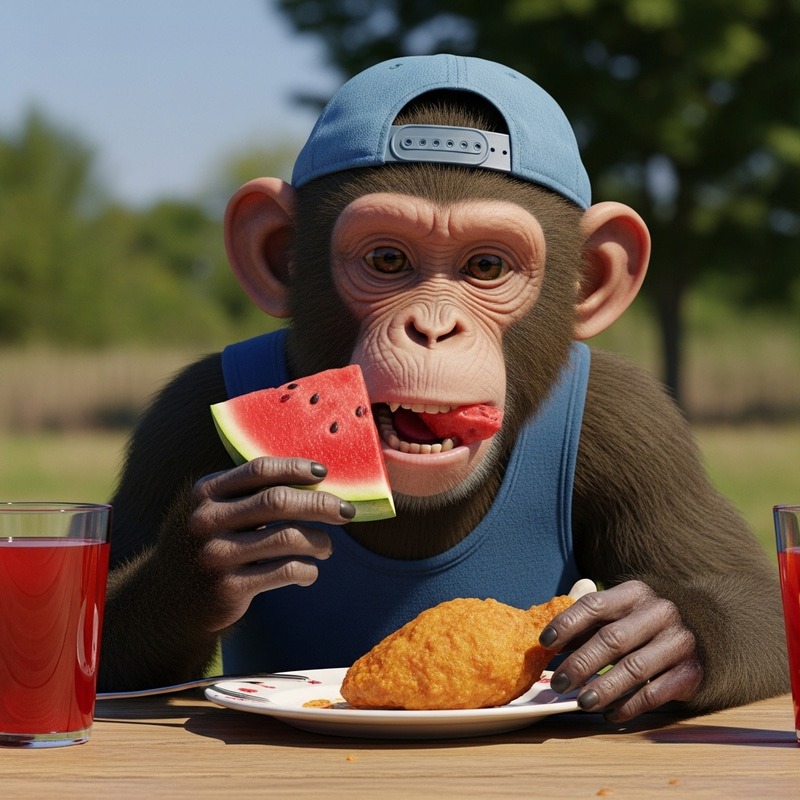 Hyperrealistic Humanoid Monkey Devouring Watermelon and Chicken Hyperrealistic Humanoid Monkey Devouring Watermelon and Chicken