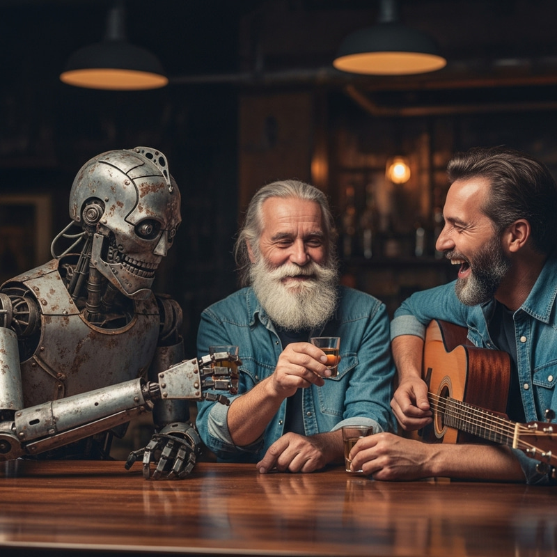 Robotic, Rocker & Gentleman Trio Enjoying Break at Rustic Bar Robotic, Rocker & Gentleman Trio Enjoying Break at Rustic Bar