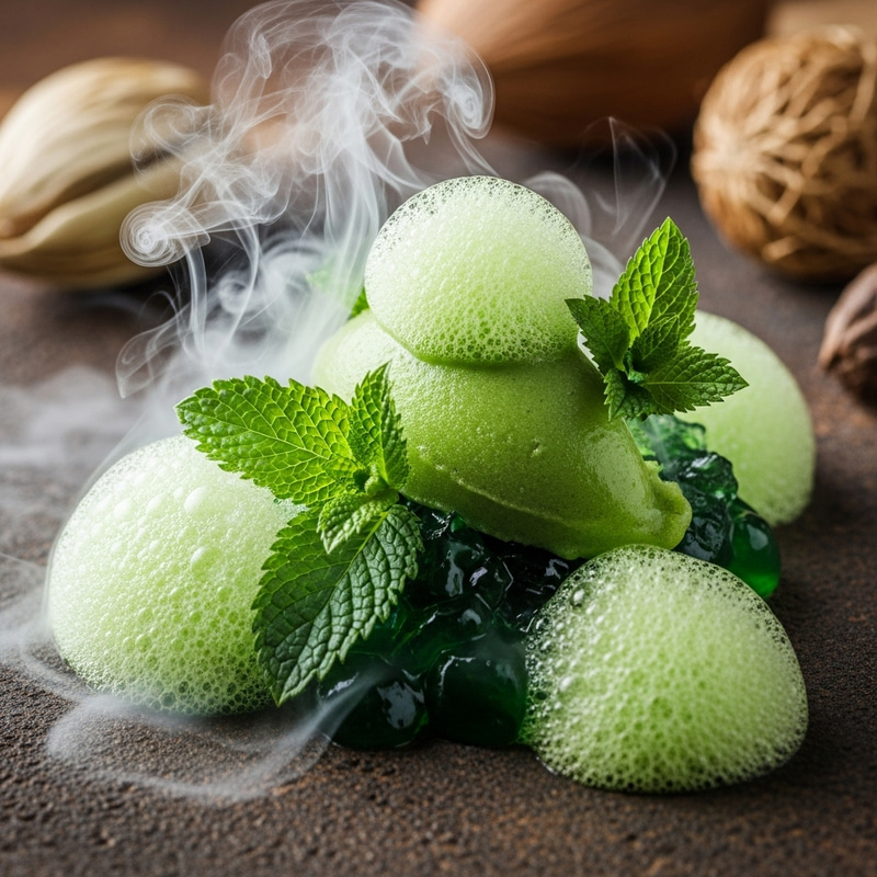 Futuristic Nettle Sorbet Presentation with Exotic Foams and Gels Futuristic Nettle Sorbet Presentation with Exotic Foams and Gels
