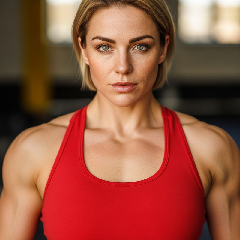Beautiful Caucasian Woman with Bright Green Eyes in Red Tank Top