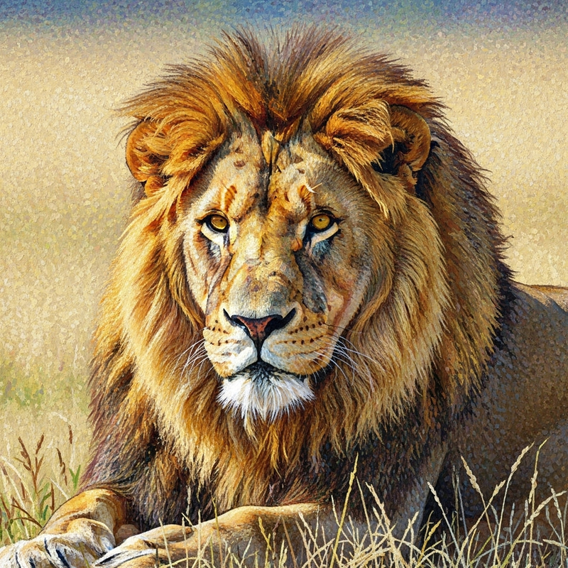Majestic Lion in Vibrant Pointillism Technique - Wilderness Portrait Majestic Lion in Vibrant Pointillism Technique - Wilderness Portrait
