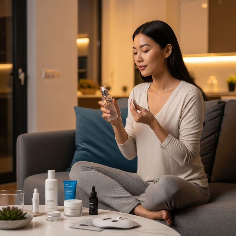 Effective Evening Skincare Routine with a Woman on Sofa Effective Evening Skincare Routine with a Woman on Sofa