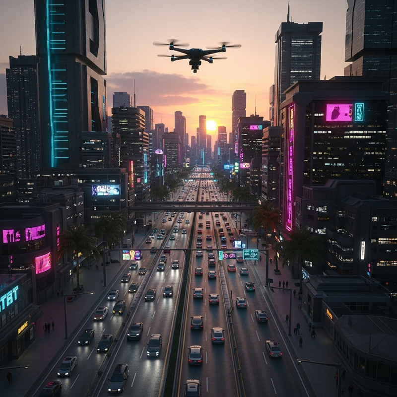 Neon Cyberpunk City at Sunset | Traffic, Drones & Sci-Fi Vibe