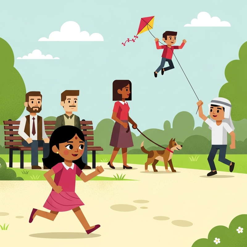 Flat Illustration of Geometric Figures with Running Girl in Park Flat Illustration of Geometric Figures with Running Girl in Park