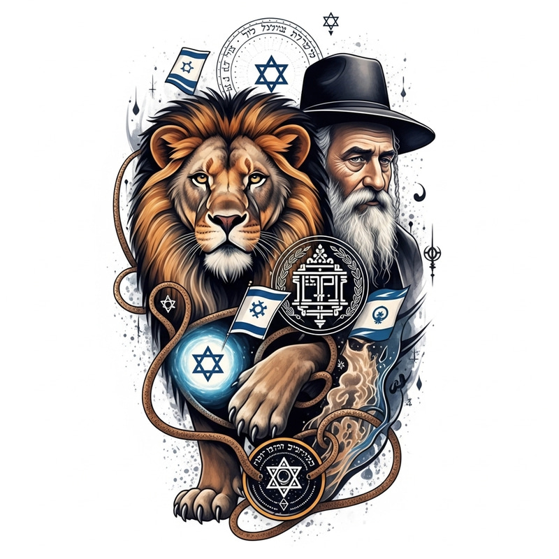 Mystic Israel Kabbalah Tattoo with Lion of Judah & Rabbi Mystic Israel Kabbalah Tattoo with Lion of Judah & Rabbi
