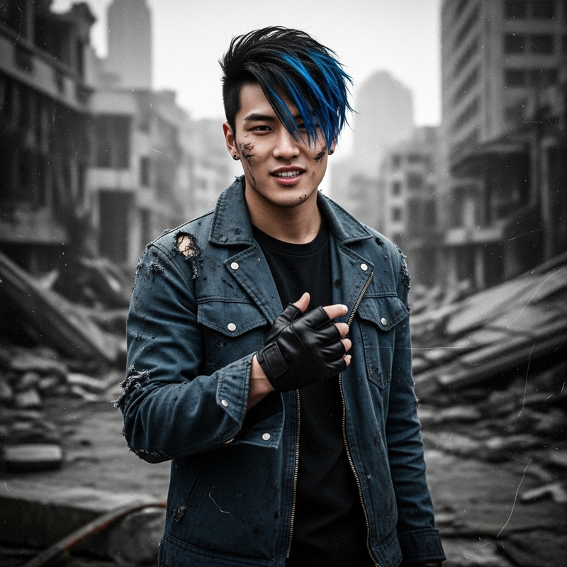 Resilient Asian Man in Post-Apocalyptic Setting | Black and Blue Aesthetic