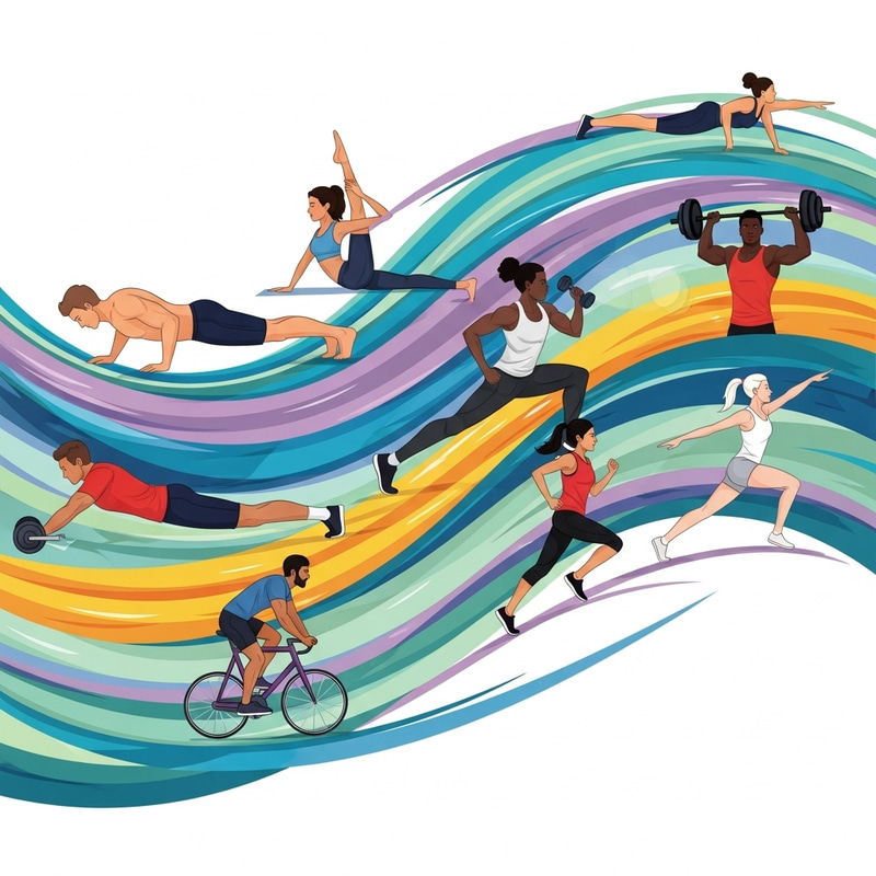 Dynamic Curves: Vibrant Geometrical Illustration of Exercisers in Motion