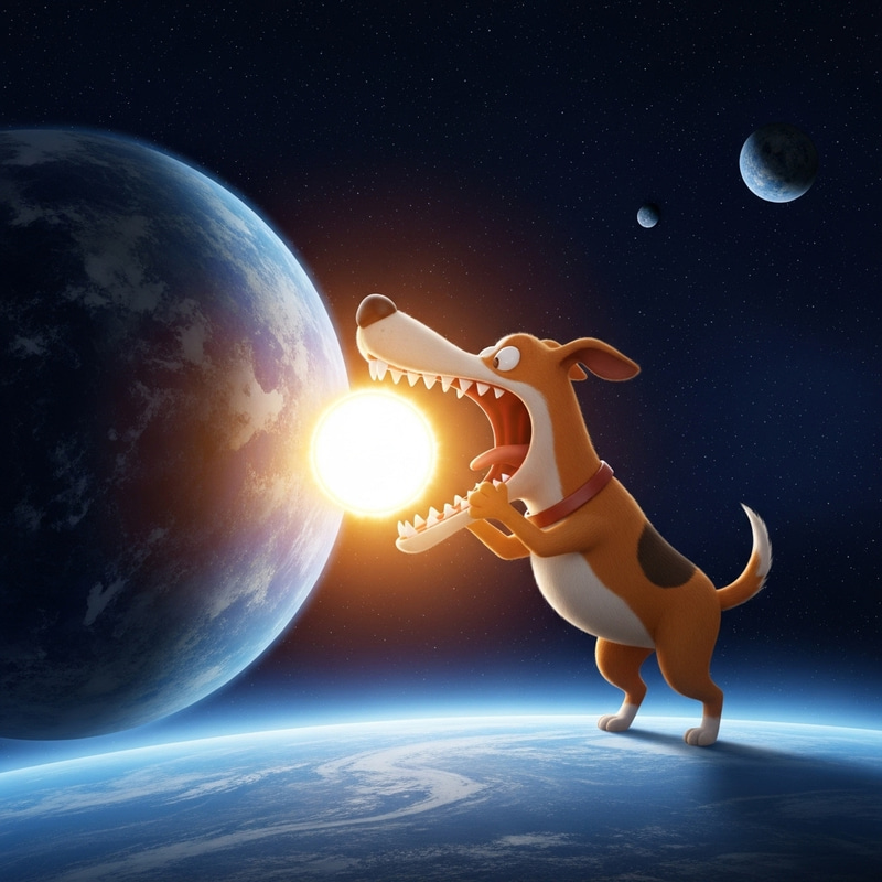 Planet-sized Cartoon Dog Eating Sun in Space Planet-sized Cartoon Dog Eating Sun in Space