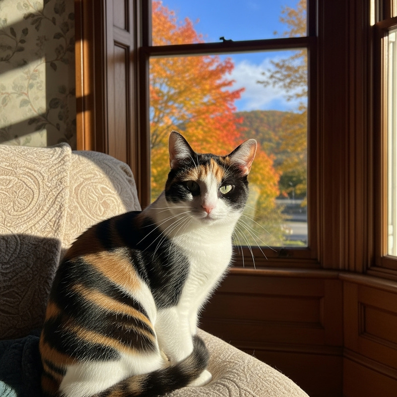 Beautiful Calico Cat Enjoying the Autumn Sun