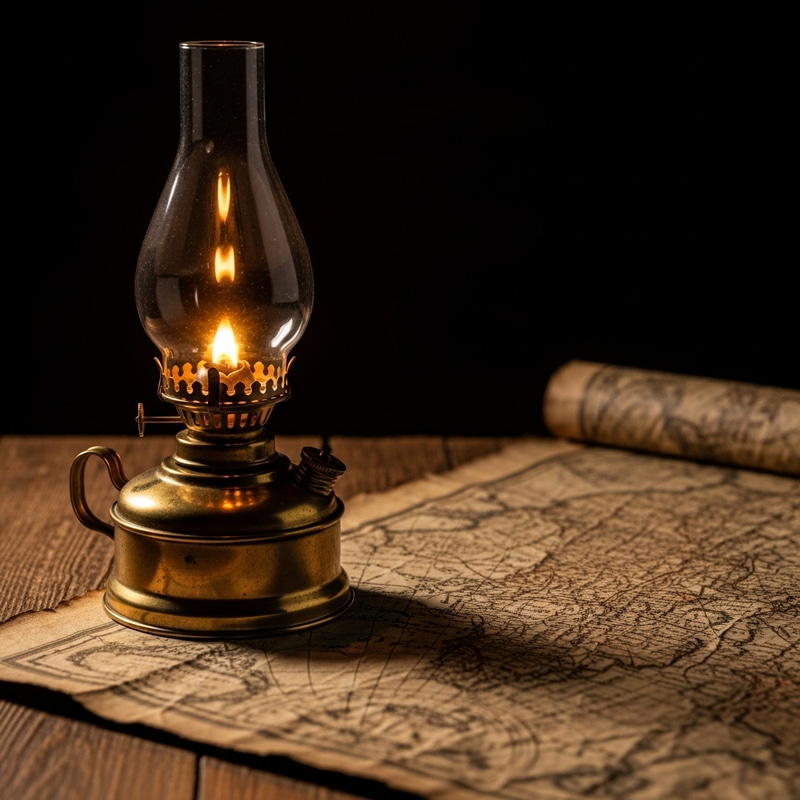 Vintage Oil Lamp Illuminating Antique Map Vintage Oil Lamp Illuminating Antique Map
