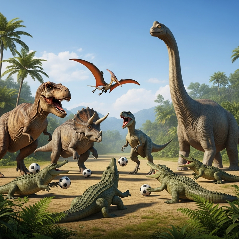 Dinosaurs vs Crocodiles Playing Football in Prehistoric Jungle Dinosaurs vs Crocodiles Playing Football in Prehistoric Jungle