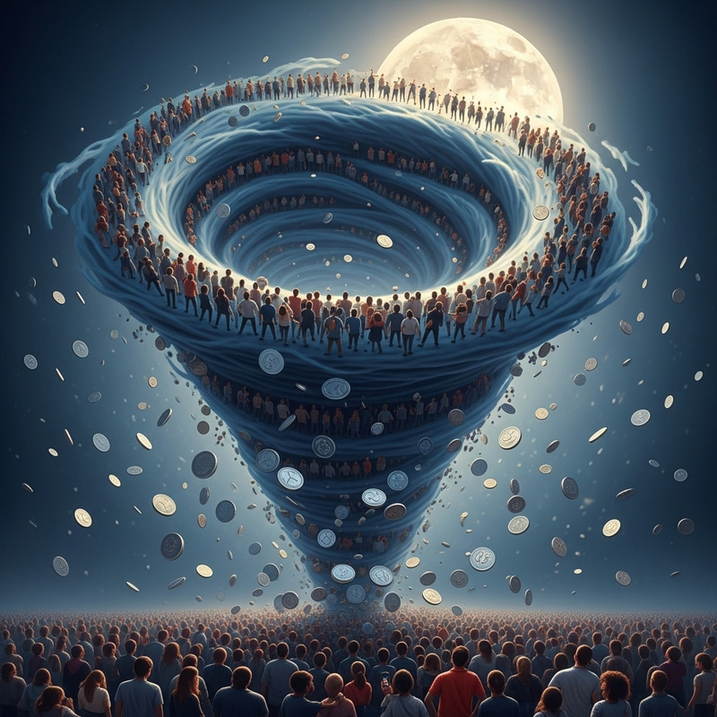 Transforming Vortex Turns People into Shiny Silver Coins, Cartoon Transforming Vortex Turns People into Shiny Silver Coins, Cartoon