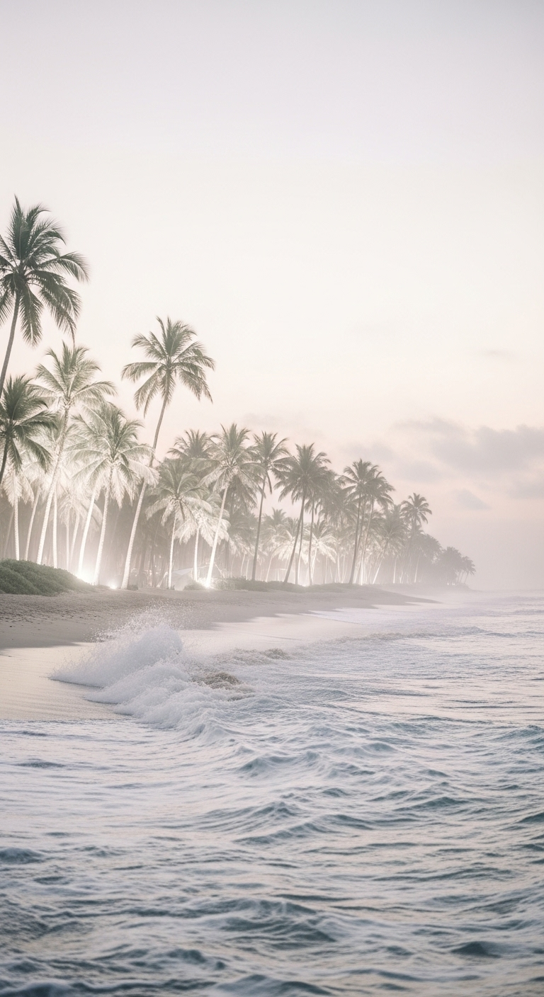 Tranquil Beach Scene at Dusk with Illuminated Palm Trees Tranquil Beach Scene at Dusk with Illuminated Palm Trees