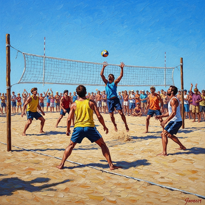 Vibrant Volleyball Game in Oil Painting Style Vibrant Volleyball Game in Oil Painting Style