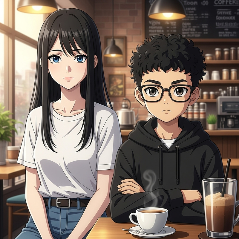 Anime Girl and Boy with Black Hair and Blue Eyes in Café Scene Anime Girl and Boy with Black Hair and Blue Eyes in Café Scene